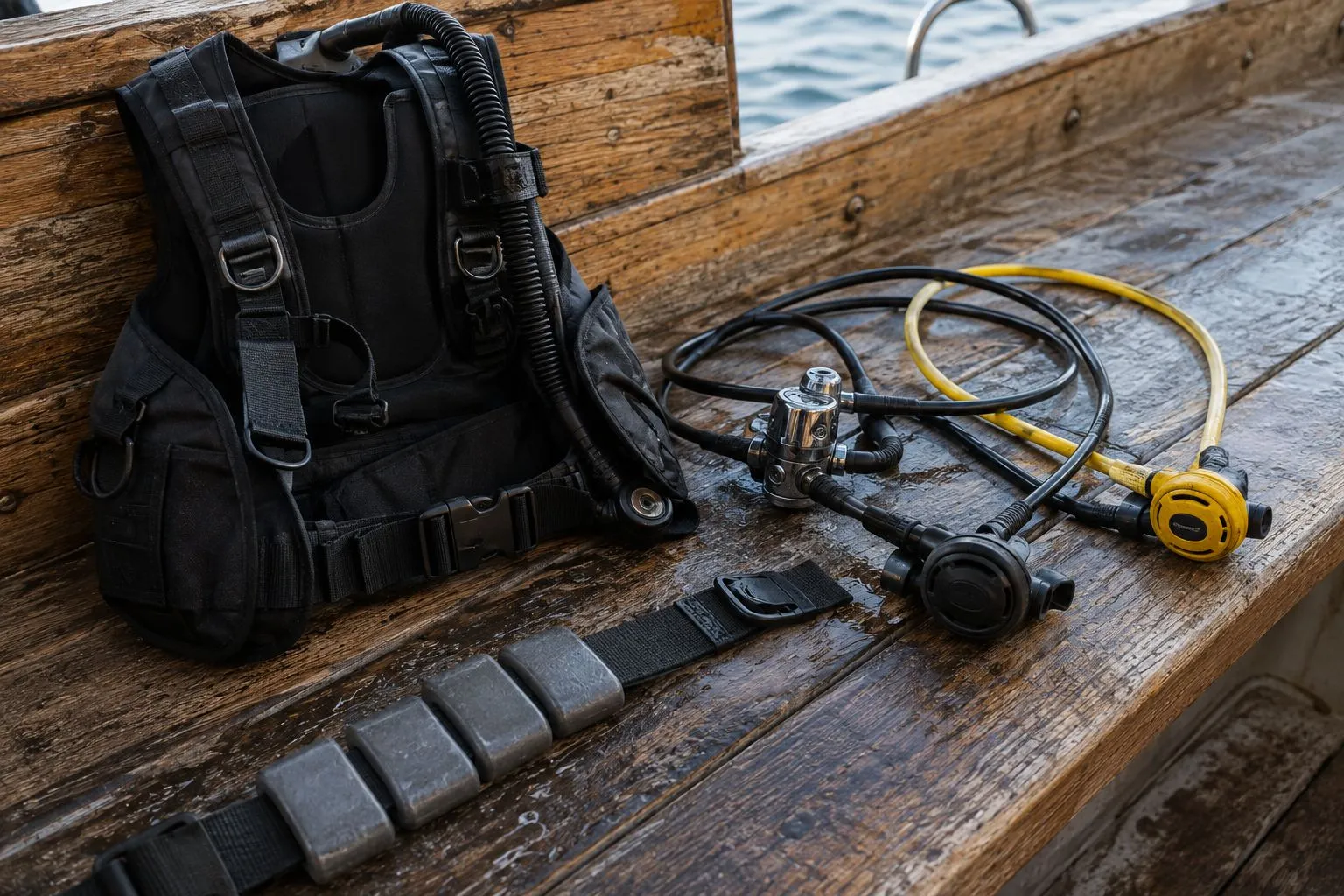 Scuba buoyancy compensator, regulator set, and weight belt laid out on a bench
