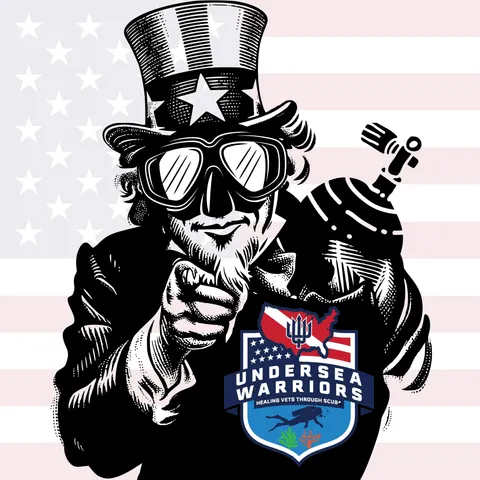 Illustrated Uncle Sam in a dive mask carrying a scuba tank, pointing at the viewer, with the Undersea Warriors logo
